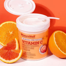 Open Vitamin C brightening moisture cream jar with pale cream inside and white lid.