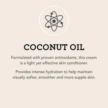 Coconut oil moisturizing cream label with description text and atom icon