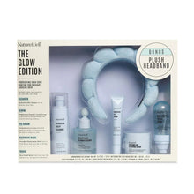 NatureWell Glow Edition skincare set box with product lineup and bonus plush headband