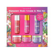 Body cream and hair mist set in box with three cream jars and three mist bottles