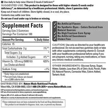Supplement Facts label for vitamin D3 gummies showing serving size 2 gummies and calories