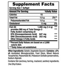 Supplement Facts label for fish oil softgels with omega-3 amounts