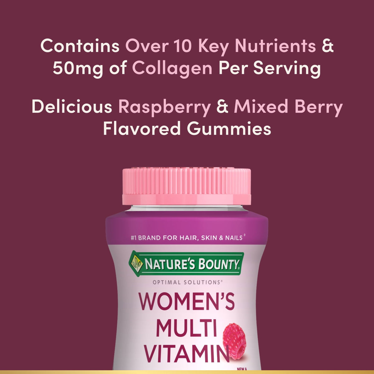 Nature's Bounty Optimal Solution Women's Multivitamin Gummies, 50 mg Collagen, Cellular Energy, Immune & Bone Support, Mixed Berry & Raspberry Flavor, 140 Count