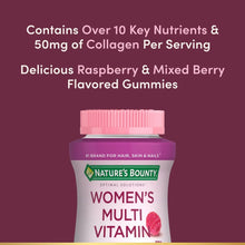 Women's multivitamin gummies bottle with collagen and berry flavor text panel