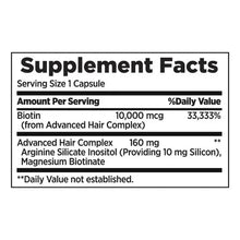 Supplement Facts label showing biotin 10,000 mcg per capsule