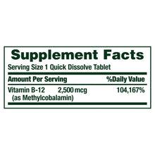 Supplement Facts panel: Vitamin B-12 2,500 mcg (methylcobalamin) per tablet