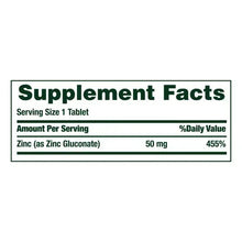 Supplement Facts label: Zinc 50 mg per tablet, 455% daily value