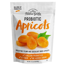 Probiotic dried apricots bag with orange apricot slices and green leaf