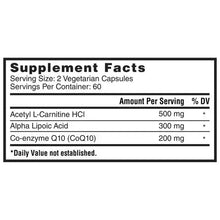 Supplement Facts label with Acetyl L-Carnitine, Alpha Lipoic Acid, and CoQ10 amounts