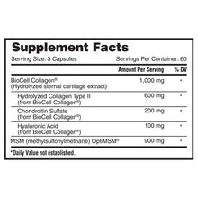 Supplement Facts panel: serving size 3 capsules, BioCell collagen, hyaluronic acid