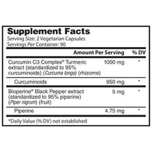 Supplement Facts label showing curcumin C3 complex turmeric extract 1000 mg, Bioperine 5 mg