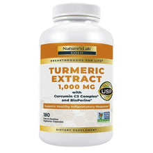 Turmeric extract dietary supplement bottle with white cap and gold label, 1000 mg