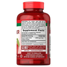 Apple cider vinegar supplement bottle, back label with directions and Supplement Facts