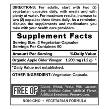 Supplement Facts label: 2 vegetarian capsules, 90 servings, apple cider vinegar powder