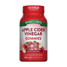 Apple cider vinegar gummies bottle with red label, green band, and 120 gummies text