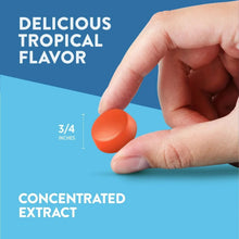 Orange gummy in hand with text about delicious tropical flavor and concentrated extract
