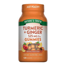 Turmeric + ginger gummies bottle, 120 count, peach flavor front label