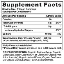 Supplement Facts label for apple cider vinegar gummies, serving size 2 vegan gummies.