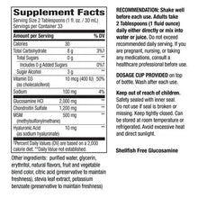 Supplement Facts panel for glucosamine liquid, listing ingredients and dosages
