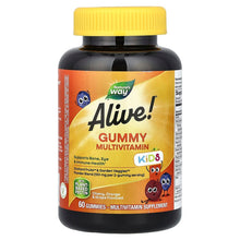Kids multivitamin gummy bottle with yellow cap, cherry-orange-grape label, 60 gummies