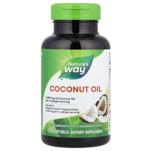 Coconut oil softgels bottle with green cap and front label reading Coconut Oil