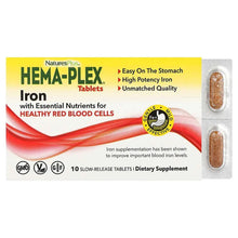 Hema-Plex iron tablets box and blister pack, showing 10 slow-release tablets
