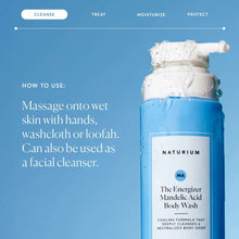 Body wash bottle with foamed top and use instructions for cleansing