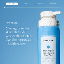 Blue body wash bottle with foamy pump top and how-to-use instructions text