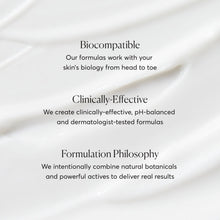 Skin-care formulation philosophy text over smooth cream swirls