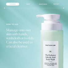 Salicylic acid body wash bottle with pump and use instructions