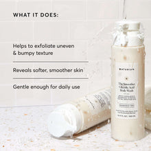 Glycolic acid body wash bottle with creamy cleanser in a tipped bottle view