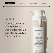 Glycolic acid body wash bottle with lather step panel and usage directions
