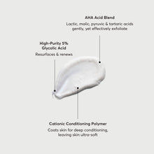 Creamy white gel swatch with 5% glycolic acid and conditioning polymer notes