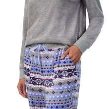 Women’s 2-piece pajama set, gray top with elastic waist and drawstring on patterned pants