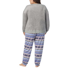 Gray women’s 2-piece pajama set with long-sleeve henley top and patterned pants