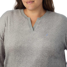 Gray long-sleeve henley pajama top with button placket and small logo on chest
