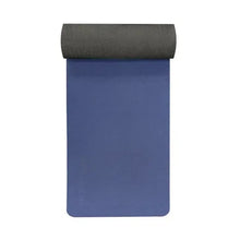 Blue yoga mat with strap-style roll top view, textured non-slip surface