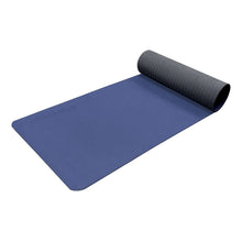Blue yoga mat with rolled end, textured non-slip surface