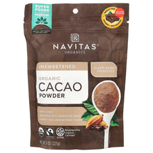 Organic cacao powder pouch, unsweetened with plant-based icon and cacao scoop