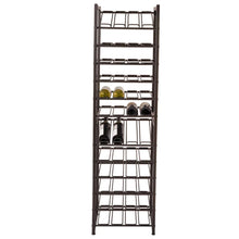 Tall metal wine bottle rack with stacked horizontal slots, dark finish