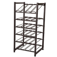 Metal wine bottle rack with multi-tier grid shelves and side frames, dark finish
