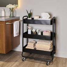 3-tier extra-wide rolling cart with black frame and shelves, side view with stored towels