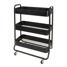 3-tier rolling cart with black frame and mesh shelf panels, angled view with wheels