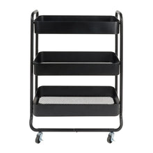 3-tier rolling cart front view with black shelves and mesh bottom shelf, on casters