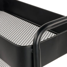 Black rolling cart corner and mesh shelf panel with curved guard rail
