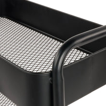 Black cart shelf corner with mesh panel and curved protective tubing