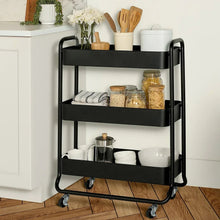 3-tier extra-wide rolling cart with black frame and shelves, shown with items on top