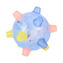 Blue translucent dog jumping ball toy with yellow and orange legs and side launcher
