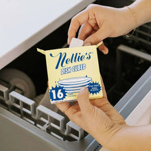 Dish detergent cubes package held over dishwasher rack, 16 loads unscented