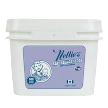 Nellie's Baby Laundry Soda container, white tub with blue purple label and flip lid